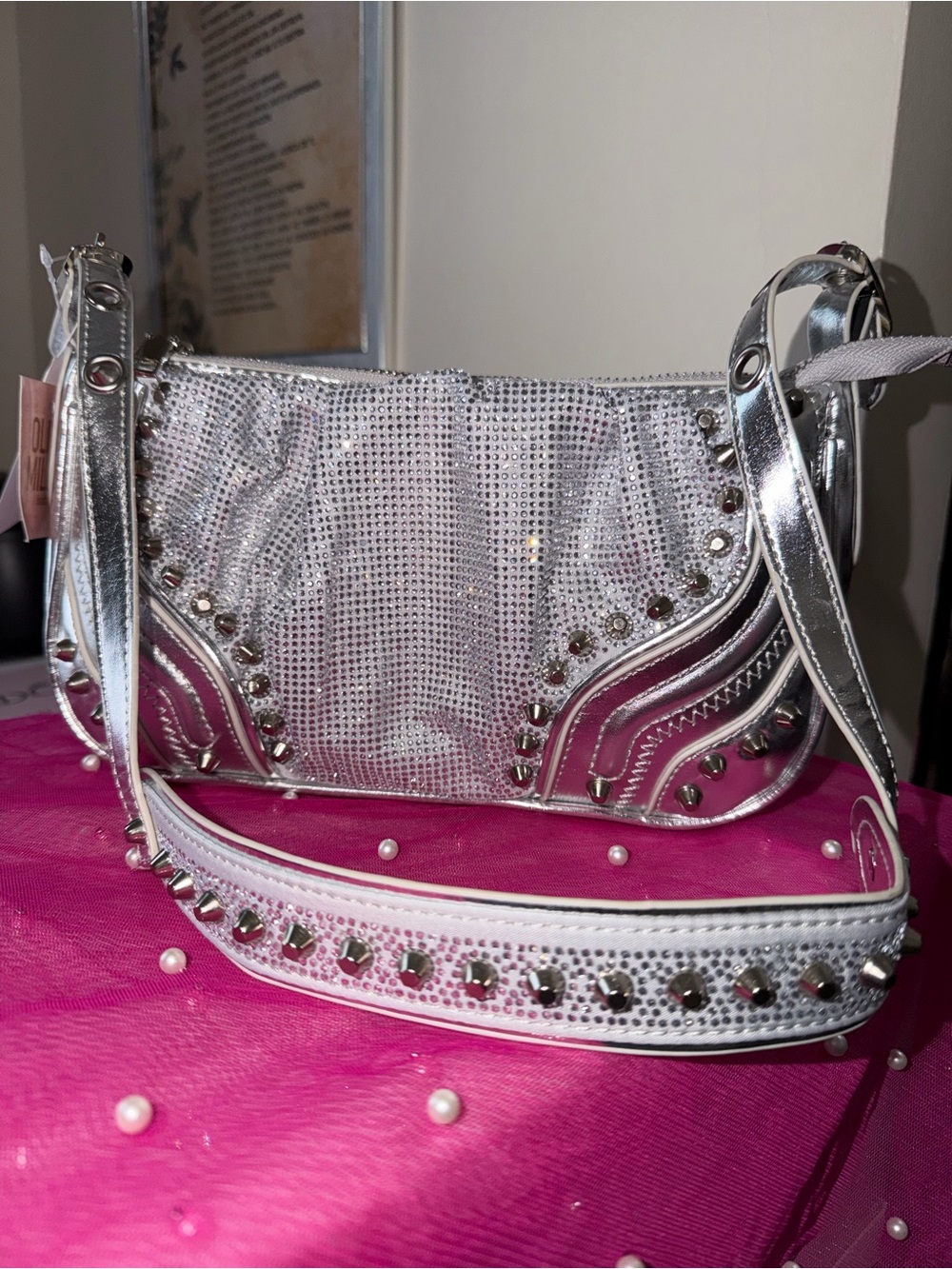 Olivia Miller Silver Studded Metallic Shoulder Bag with Pink Accents
